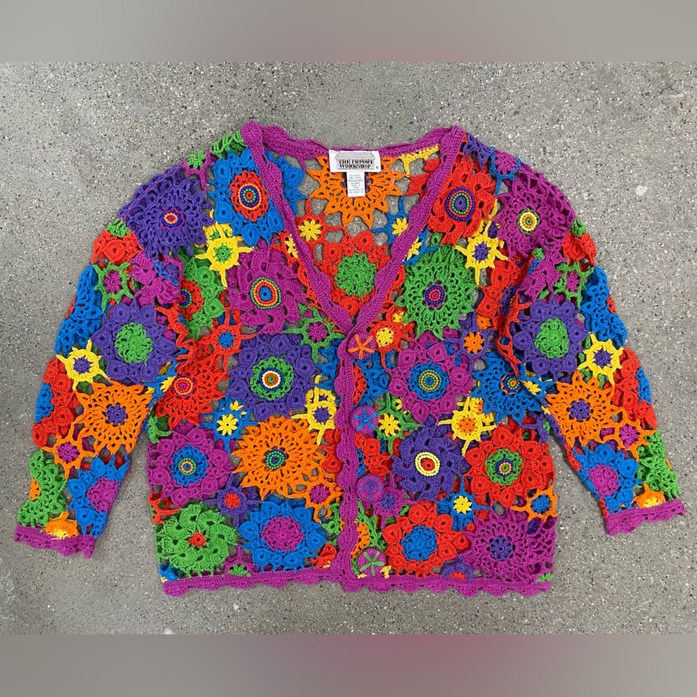 Vintage The Import Workshop Rainbow Knit Crochet Cardigan Sweater OSFM